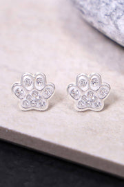 Sterling Silver & Clean Crystal Paw Print Stud Earrings - SS