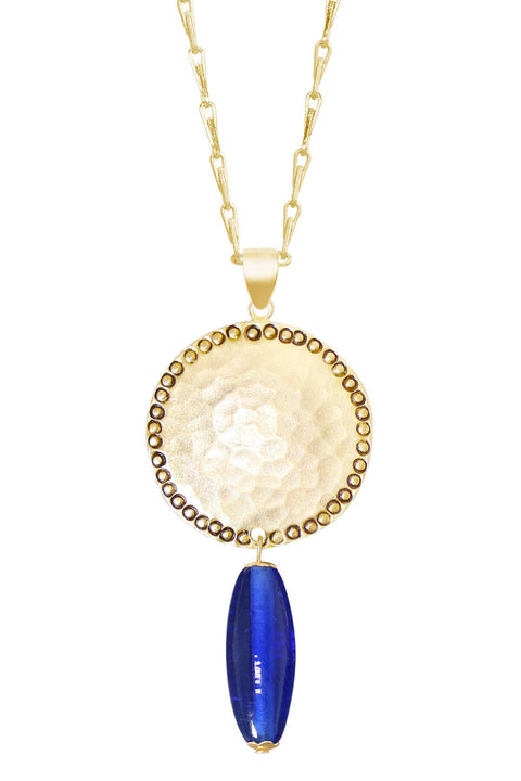 Blue Murano Glass & Hammered Coin Pendant Necklace - GF