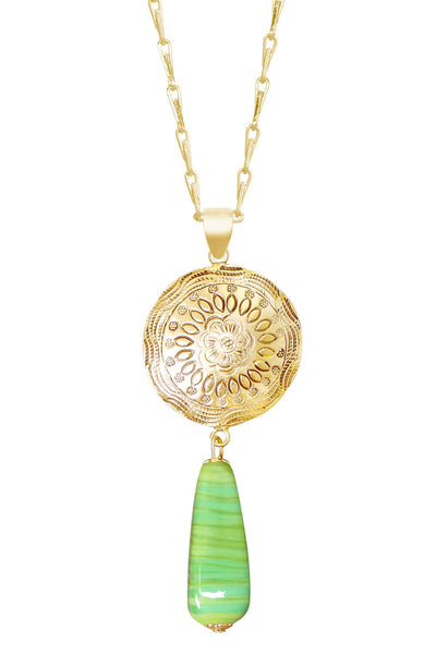 Green Murano Glass & Floral Hammered Disc Necklace - GF