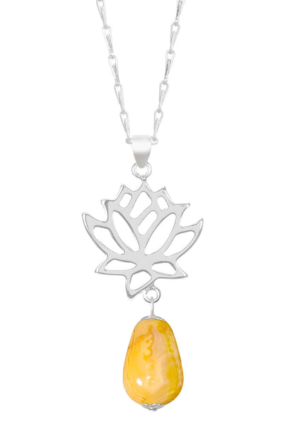 Crazy Lace Agate & Lotus Pendant Necklace - SF