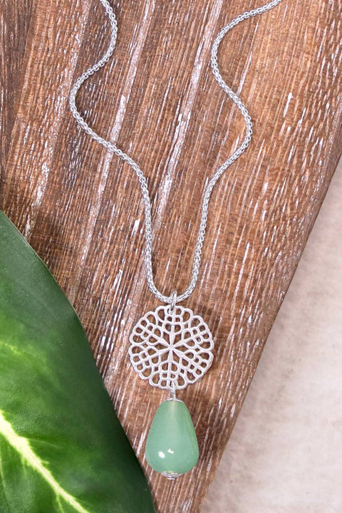 Green Aventurine & Daisy Disc Pendant Necklace - SF