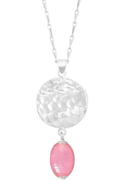 Pink Murano Glass & Hammered Disc Pendant Necklace - SF