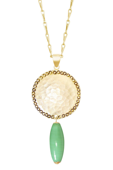 Green Murano Glass & Hammered Coin Pendant Necklace - GF