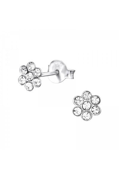 Sterling Silver Flower Ear Studs With Crystal - SS