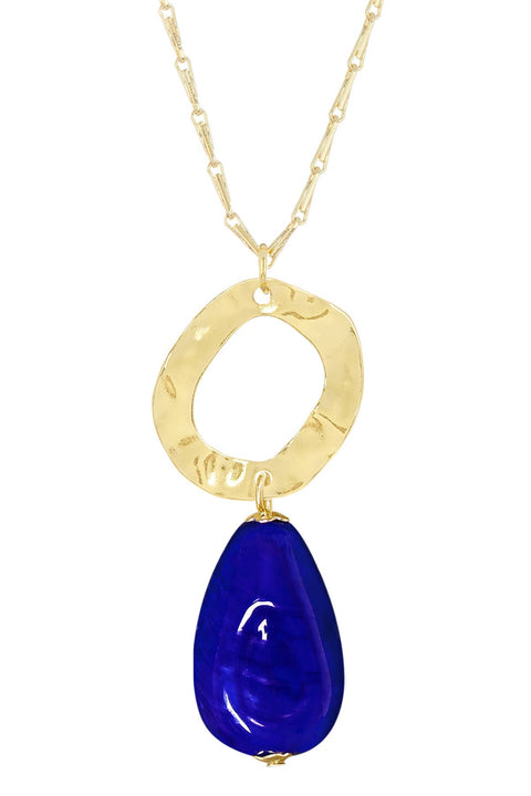 Blue Murano Glass & Hammered Hoop Pendant Necklace - GF