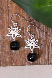 Black Murano Glass & Lotus Drop Earrings - SF