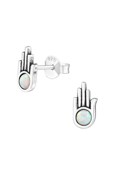 Sterling Silver Hamsa Ear Studs With Opal - SS