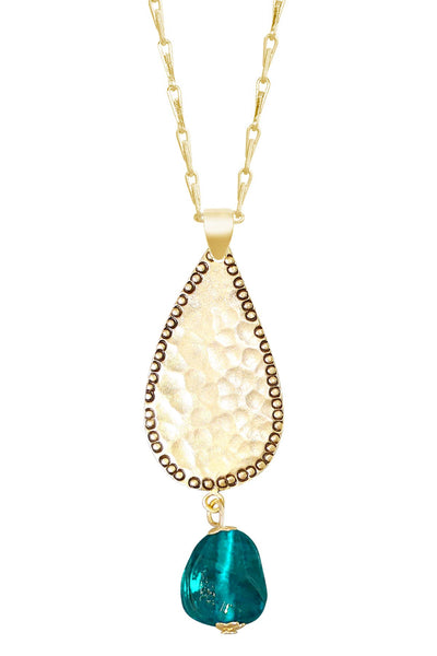 Teal Murano Glass & Hammered Teardrop Pendant Necklace - GF