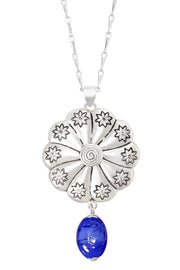 Blue Murano Glass & Hammered Floral Disc Necklace - SF