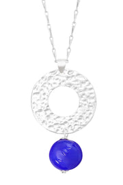 Blue Murano Glass & Hammered Circle Pendant Necklace - SF