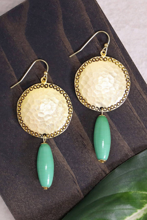 Green Murano Glass & Hammered Coin Drop Earrings - GF