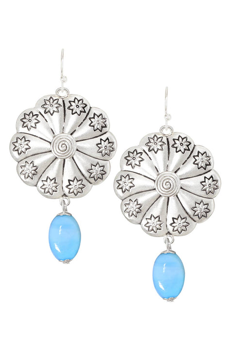 Blue Murano Glass & Hammered Floral Disc Drop Earrings - SF