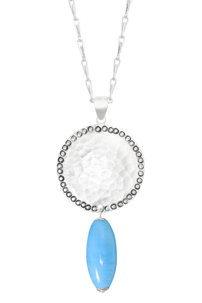 Blue Murano Glass & Hammered Coin Pendant Necklace - SF