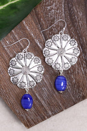 Blue Murano Glass & Hammered Floral Disc Drop Earrings - SF