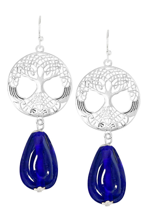 Blue Murano Glass & Tree Of Life Drop Earrings - SF