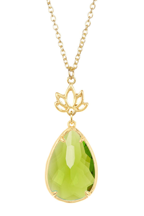 Peridot Crystal & Lotus Pendant Necklace - GF