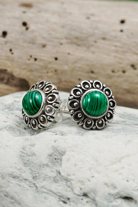 Sterling Silver Malachite Mandala Stud Earrings - SS