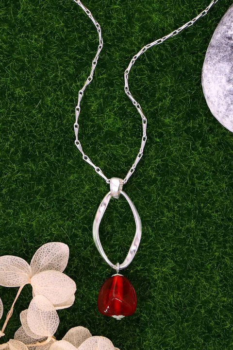 Red Murano Glass & Freeform Hoop Pendant Necklace - SF