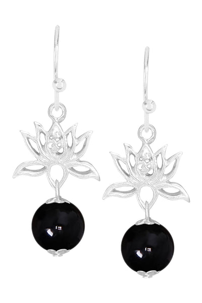 Black Murano Glass & Lotus Drop Earrings - SF