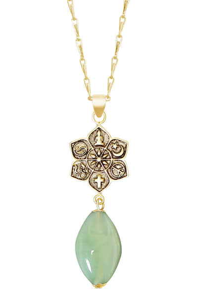 Green Murano Glass & Coexist Lotus Pendant Necklace - GF