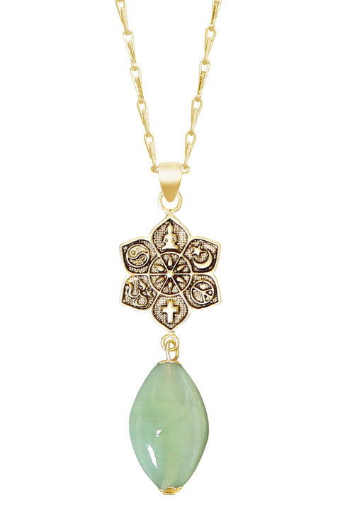 Green Murano Glass & Coexist Lotus Pendant Necklace - GF