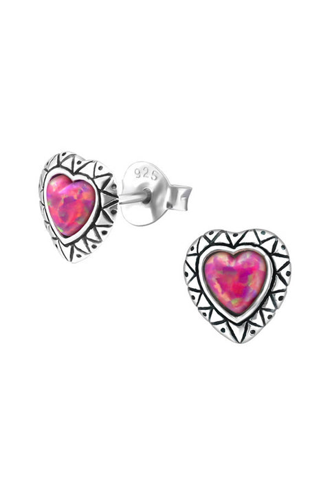 Sterling Silver Heart Ear Studs With Opal - SS