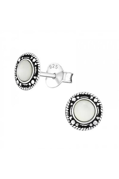 Sterling Silver Round Ear Studs With Imitation Stone - SS