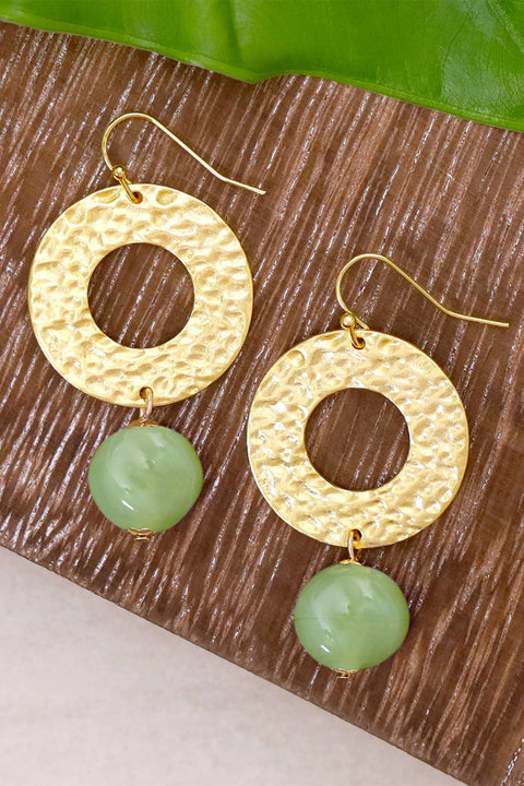 Green Murano Glass & Hammered Circle Drop Earrings - GF