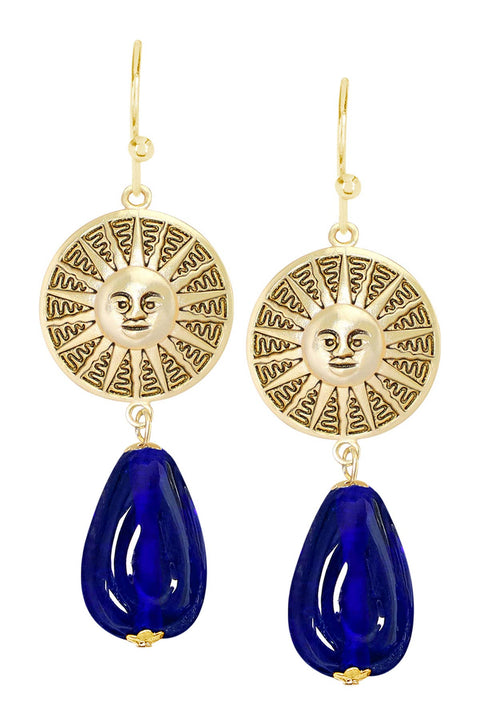 Blue Murano Glass & Aztec Sun Drop Earrings - GF