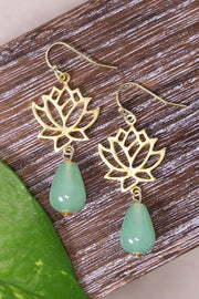 Green Aventurine & Lotus Drop Earrings - GF