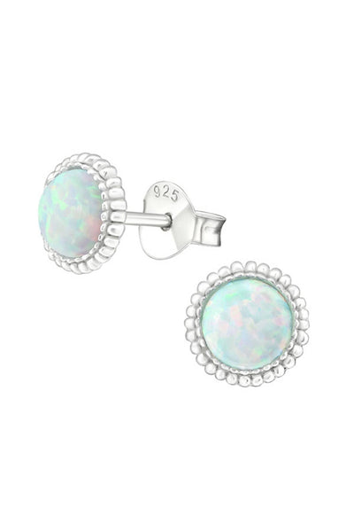 Sterling Silver Round Ear Studs With Opal - SS