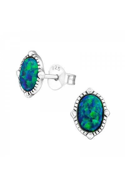 Sterling Silver Oval Ear Studs With Opal - SS