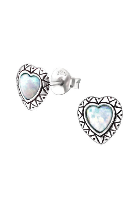 Sterling Silver Heart Ear Studs With Opal - SS