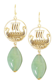 Green Murano Glass & Viking Ship Drop Earrings - GF