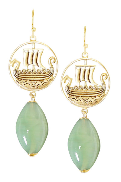 Green Murano Glass & Viking Ship Drop Earrings - GF