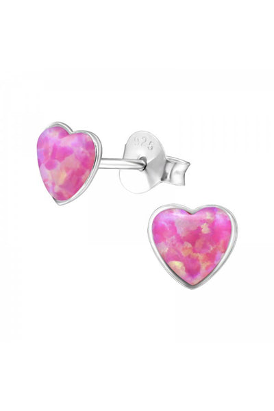 Sterling Silver Heart Ear Studs With Opal - SS