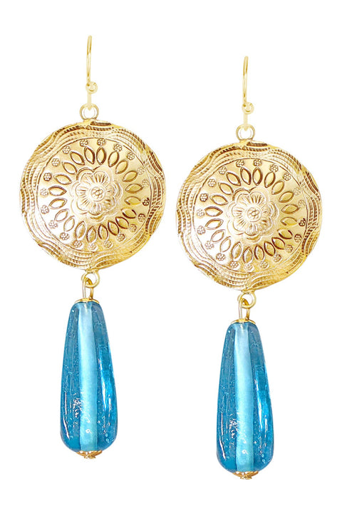 Blue Murano Glass & Floral Hammered Disc Drop Earrings - GF