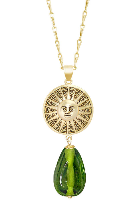 Peridot Murano Glass & Aztec Sun Pendant Necklace - GF