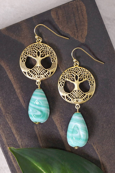 Green Murano Glass & Tree Of Life Drop Earrings - GF