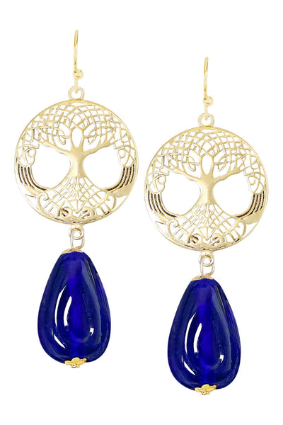 Blue Murano Glass & Tree Of Life Drop Earrings - GF