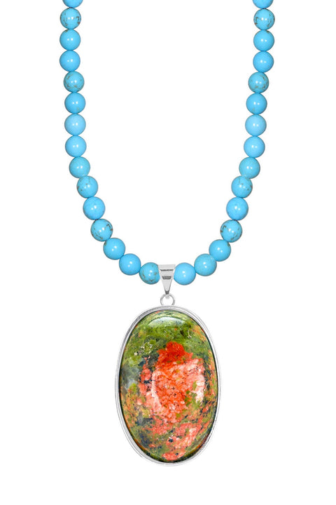 Turquoise Beads Necklace With Unakite Pendant - SF