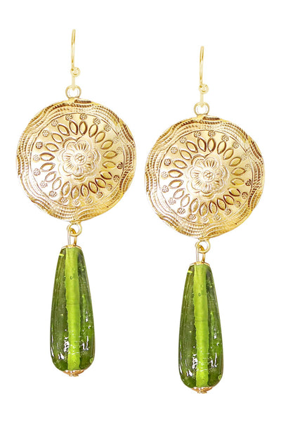 Peridot Murano Glass & Floral Hammered Disc Earrings - GF