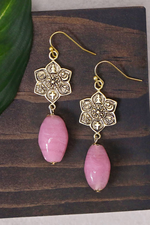 Pink Murano Glass & Coexist Harmony Lotus Drop Earrings - GF