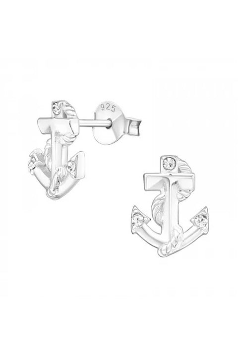 Sterling Silver Anchor Ear Studs With Crystal - SS