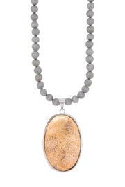 Gray Druzy Quartz Beads Necklace With Lily Fossil - SF