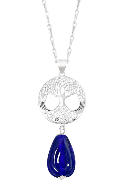 Blue Murano Glass & Tree Of Life Pendant Necklace - SF