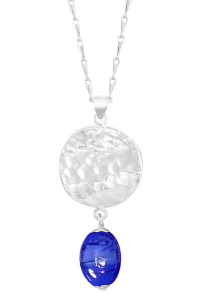 Blue Murano Glass & Hammered Disc Pendant Necklace - SF