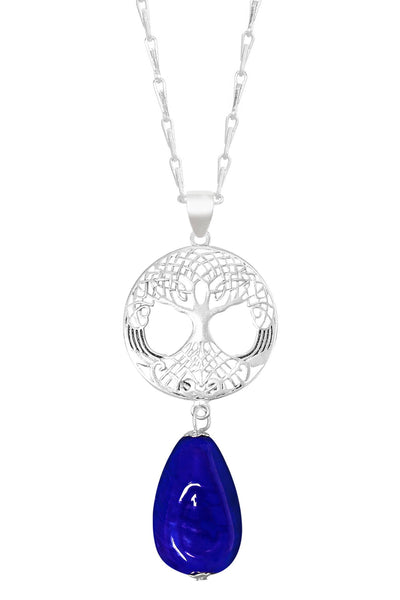 Blue Murano Glass & Tree Of Life Pendant Necklace - SF