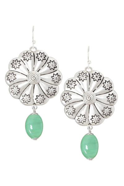 Green Murano Glass & Hammered Floral Disc Drop Earrings - SF