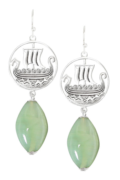 Green Murano Glass & Viking Ship Drop Earrings - SF